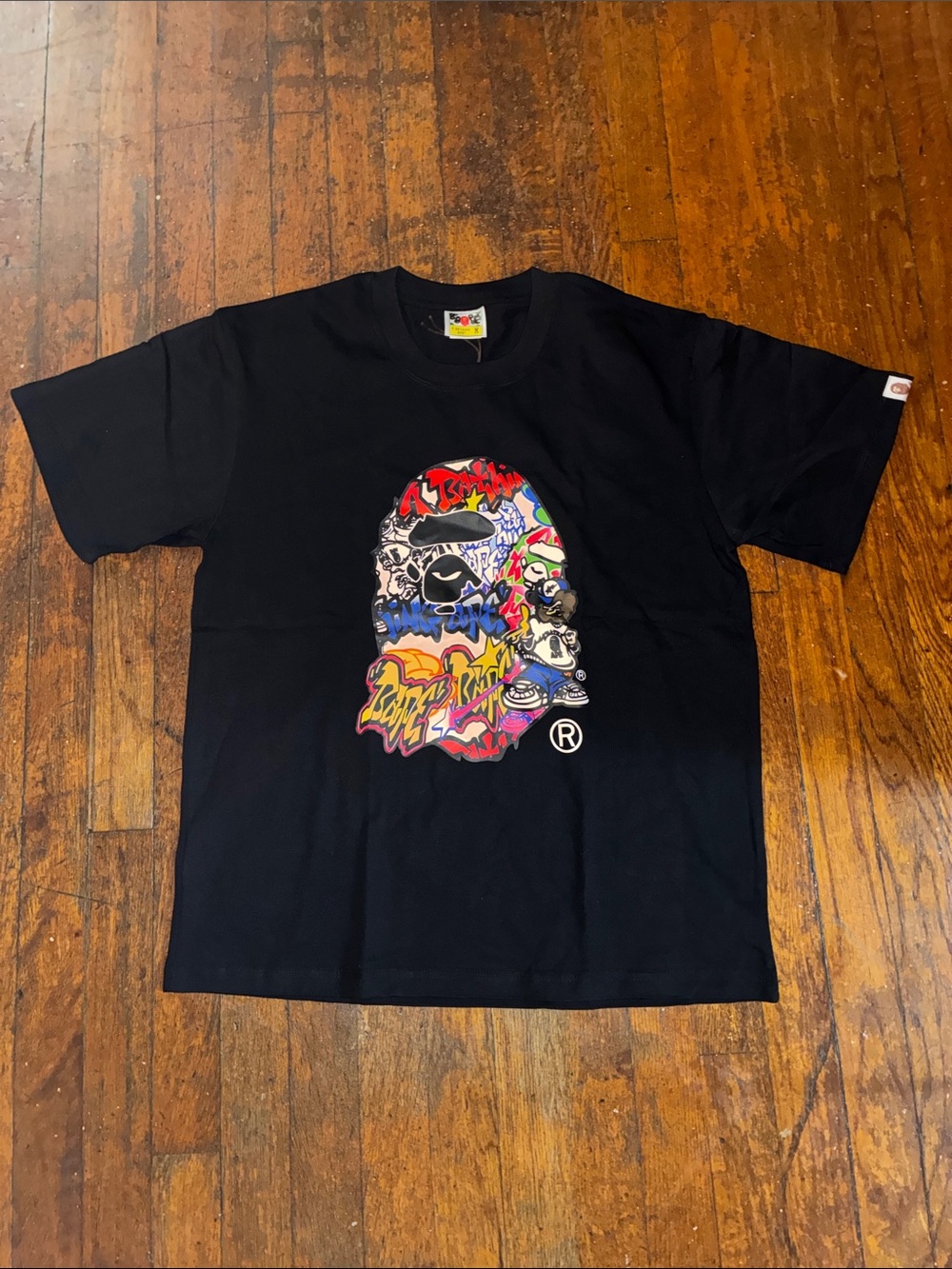 Bape Black Graphic Ape Head Tee with Multicolor Print